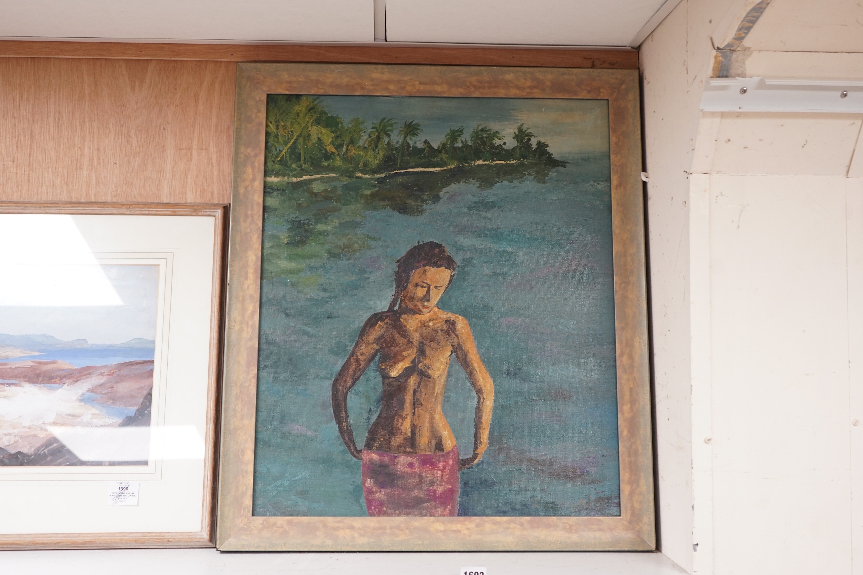 West Indian School, oil on canvas, Woman bathing on the shoreline, 60 x 50cm